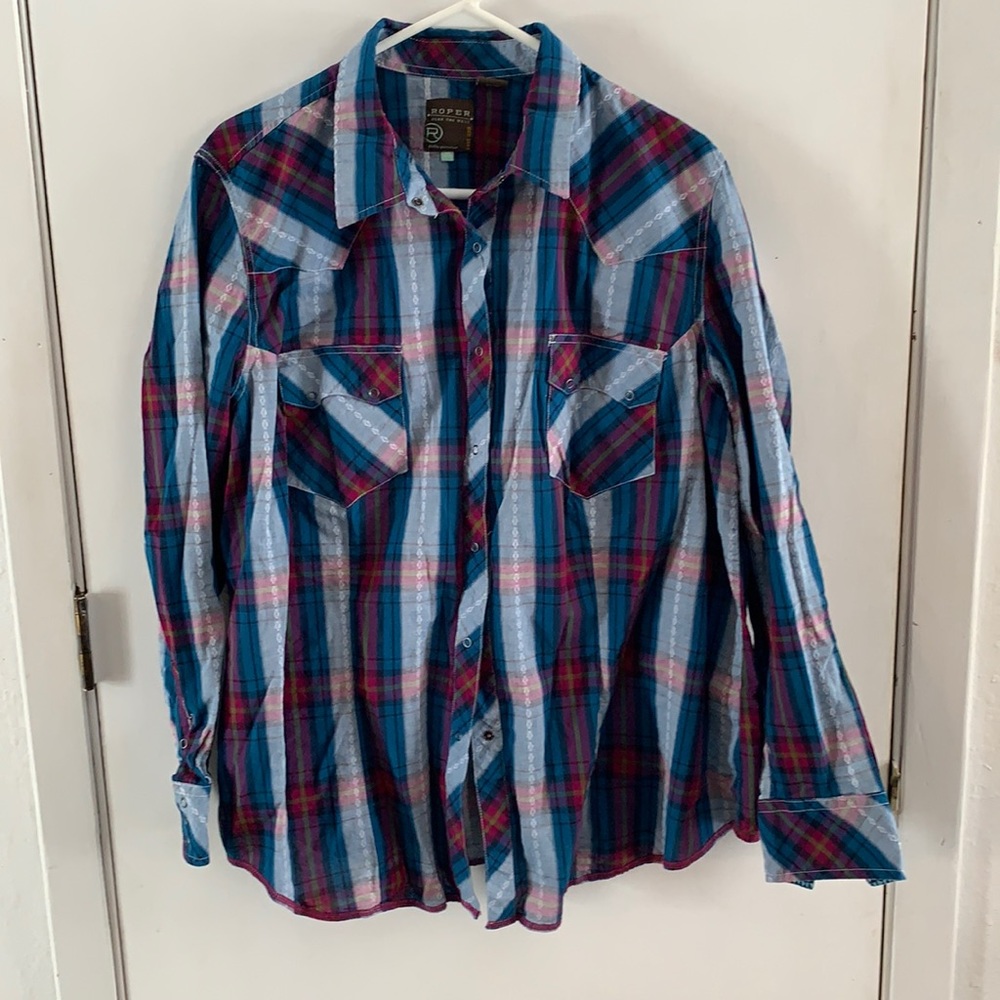 Roper turquoise, plum and olive green plaid embroidered western shirt - Picture 2 of 8